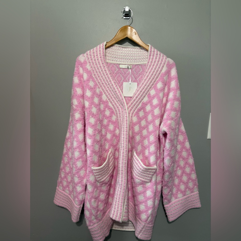 Pink and White Women's Cardigan Sweater